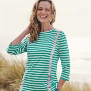 New Woolovers Women’s Lace Insert 3/4 Sleeve Tee Top Jade Green and White Stripe